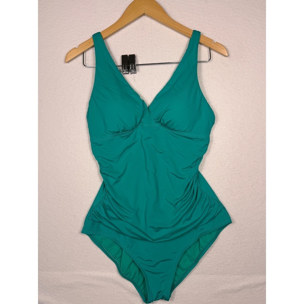 Jantzen One Piece Swimsuit Womens 14 Teal Ruched Surplice V-Neck JZSS8507